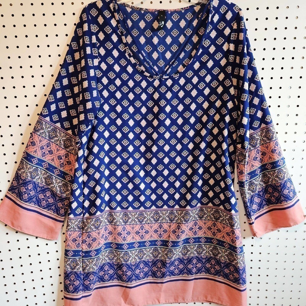 ING Women's Size L Blue Pink Printed Shift Dress BOHO Diamond Design Long Sleeve